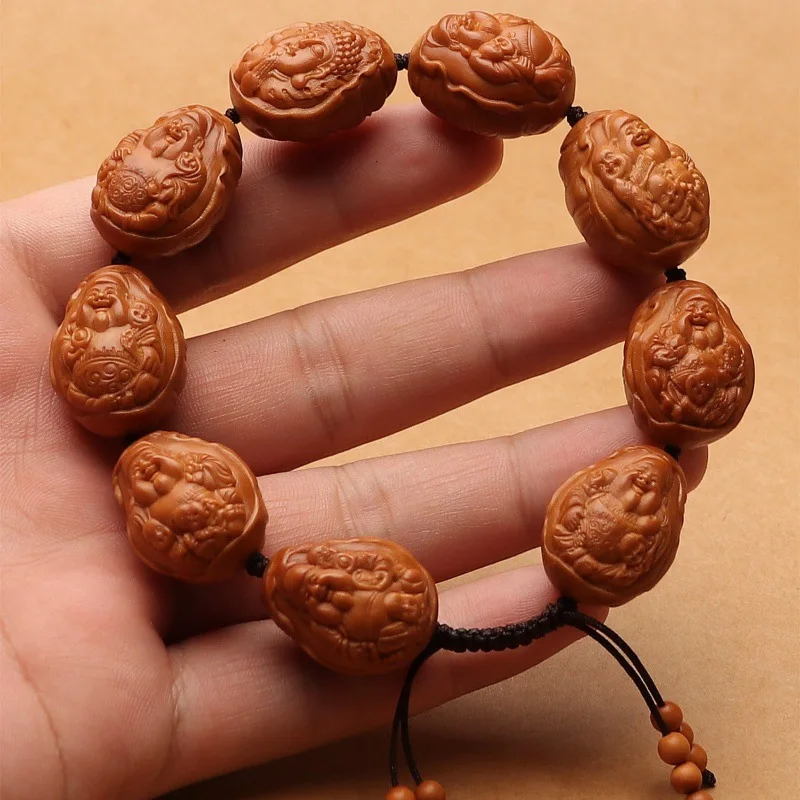 New Olive Nut Hand CarvedLeaf of Iron Core Carving God of Wealth Buddha Beads Bracelet Collectible Ar