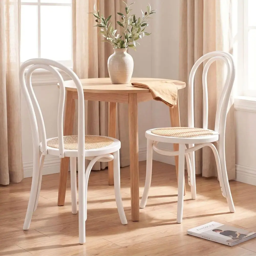 

Set of 2 White Solid Bentwood Chairs with Rattan Seats, Classic Parisian Style Dining Chairs, No Assembly Needed