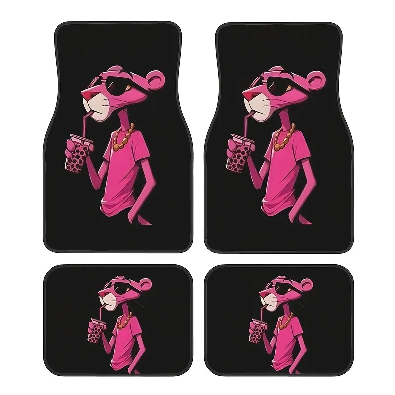 4pcs Cartoon Pink Leopard Print Car Floor Mats - Easy-Clean Polyester All-Season Fit For Sedans, Trucks & SUVs, Vibrant Pink & D