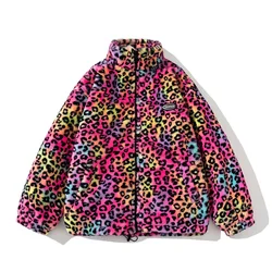 Winter Leopard Cotton-Padded Clothes Plush Zipper Jacket Women Fashion Street Warm Coat Loose Outerwear Male Female Size