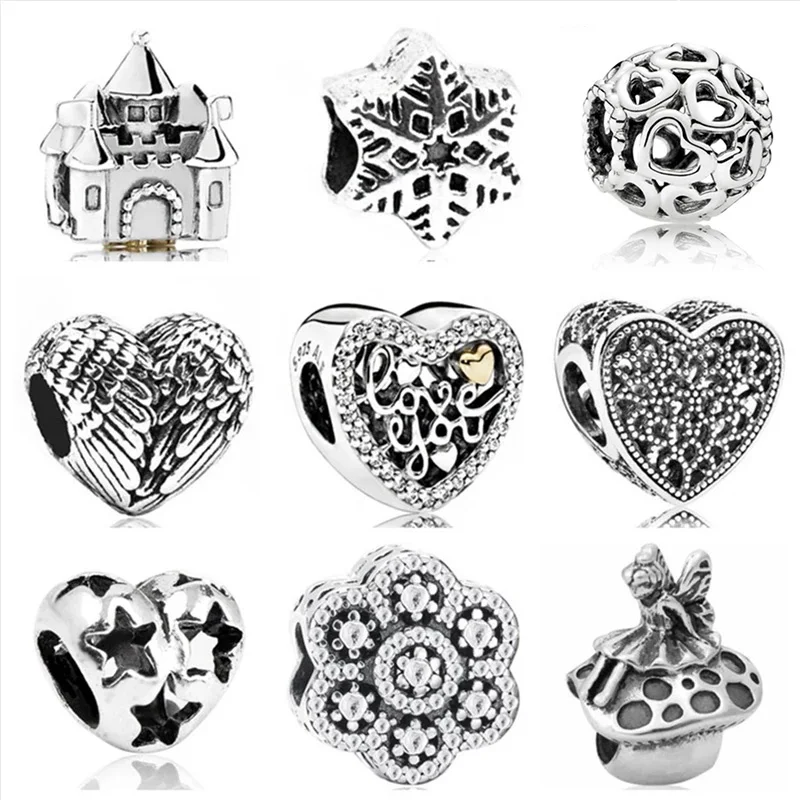 Btuamb Simple Style Love Heart Flower Star Dog Lion Alloy Beads Fit Brand Charm Bangles for Women DIY Making Jewelry Berloque