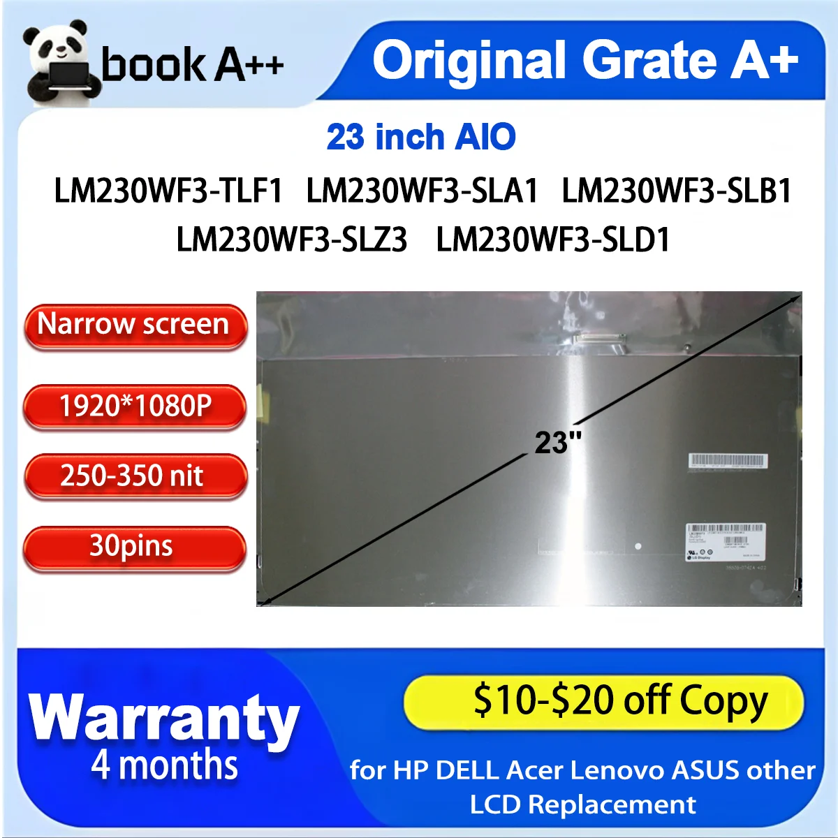 Original New LM230WF3 TLF1 SLA1 SLB1 SLZ3 SLD1 23 inch IPS 30Pins for HP Lenovo Acer ASUS Dell AIO LCD Screen Display
