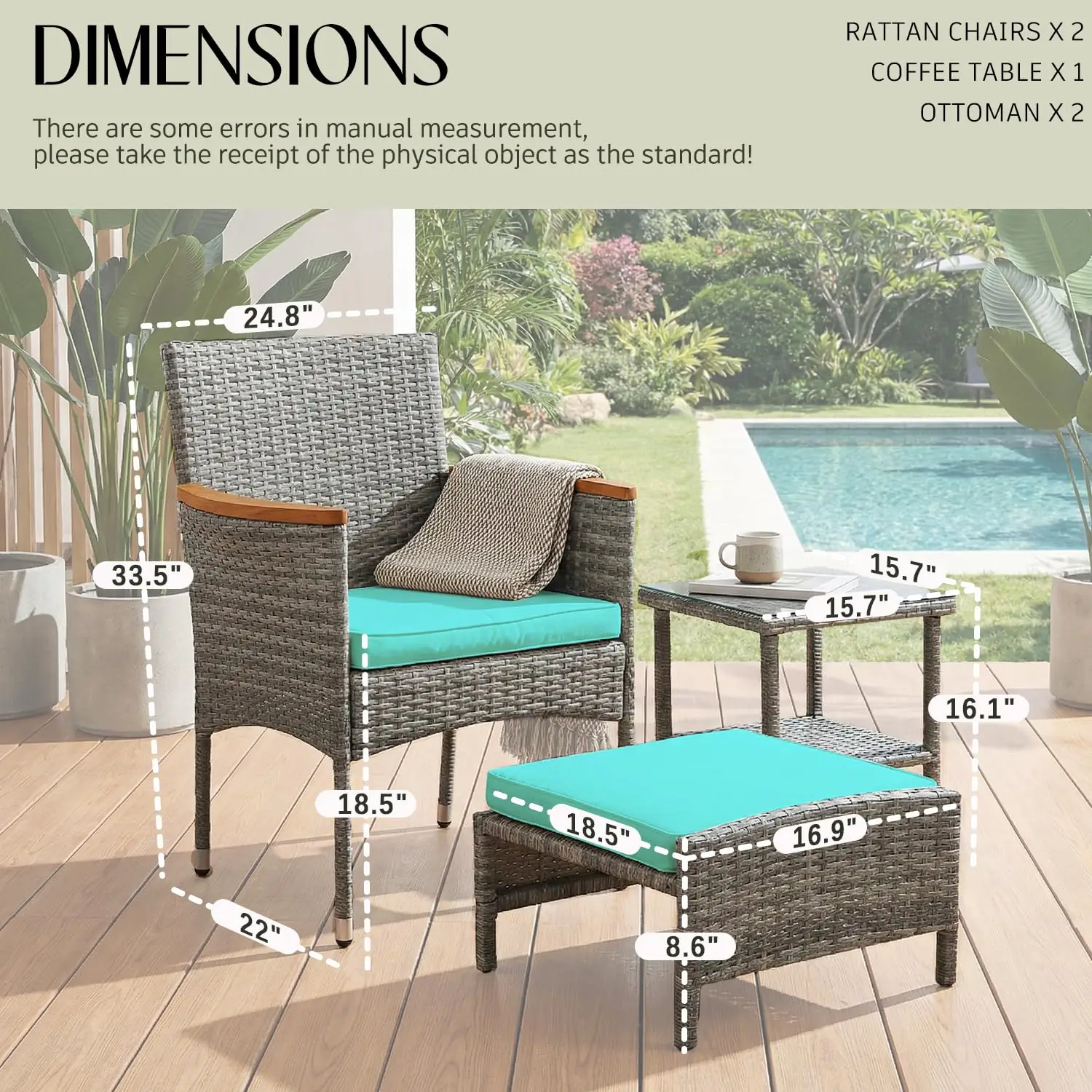 5 Pcs Outdoor Patio Furniture Set With Table&Ottoman Wicker Bistro Sofa Set For Garden Balcony Gray Green, Customized