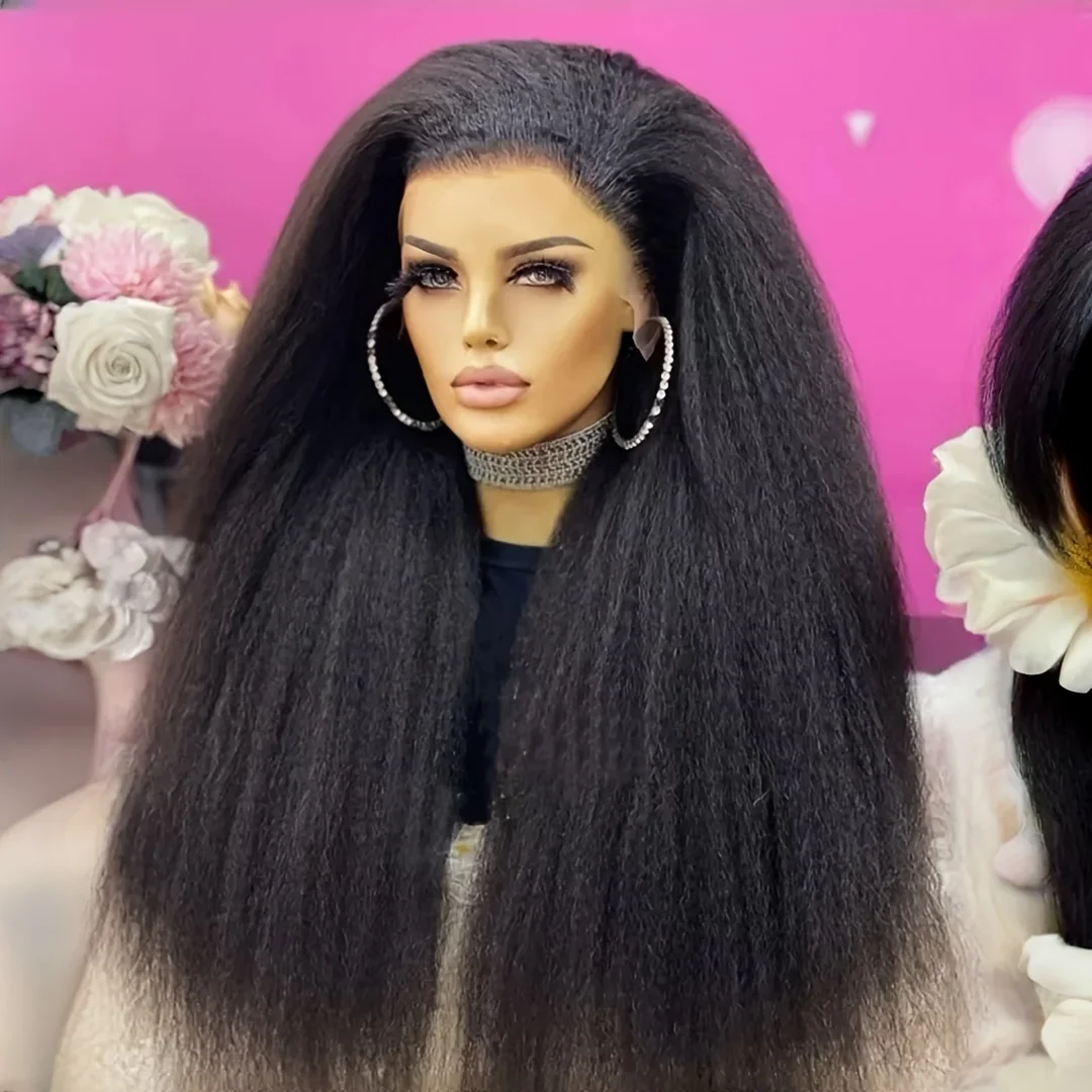 Pelucas delanteras de encaje recto Afro, suaves como cabello humano prearrancado con pelo de bebé, encaje HD transparente Yaki de densidad 210%