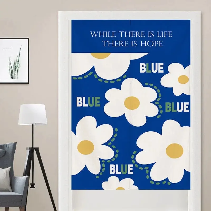 VIKAMA Minimalist Blue Floral Door Curtain, Floral Print Japanese-Style Door Curtain, Bedroom Privacy Door Curtain, Home Decor