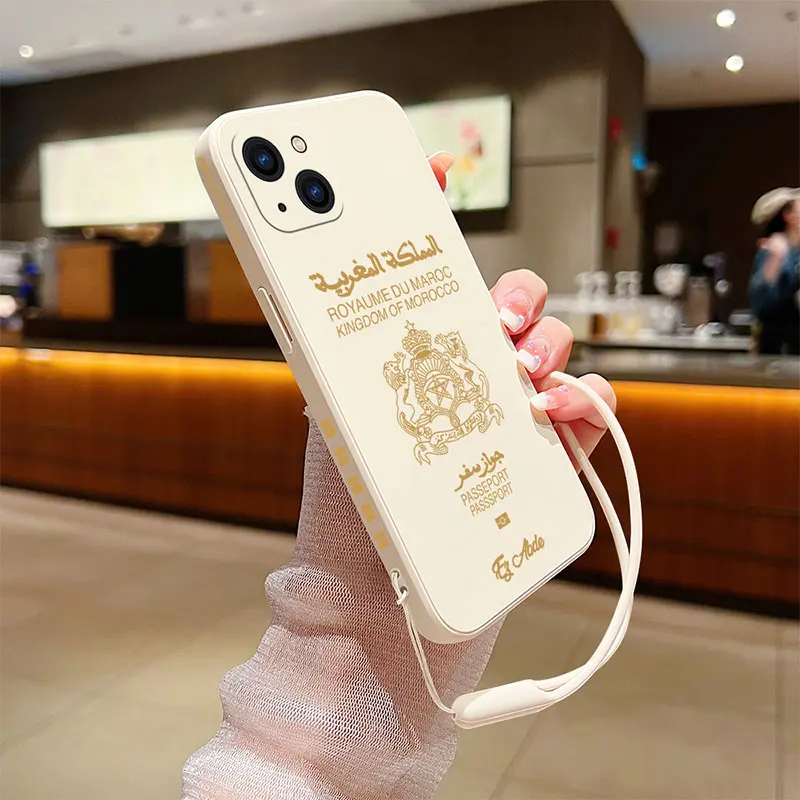 Morocco Passport Phone Case For iPhone 15 14 13 12 11 Pro Max Mini X XR XS MAX SE20 8 7 Plus Silicone Cases with Hand Strap