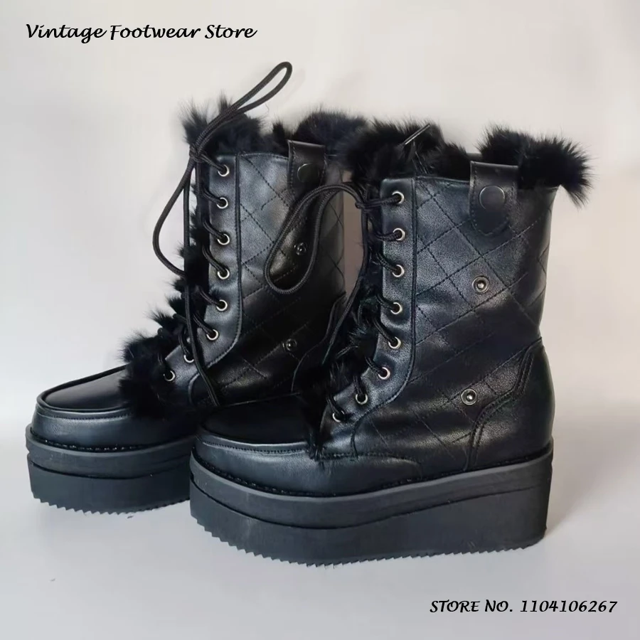 

Осенне-зимние теплые меховые ботильоны, обувь на платформе с круглым носком, увеличивающая рост, женские повседневные ботильоны высокого качества на шнуровке