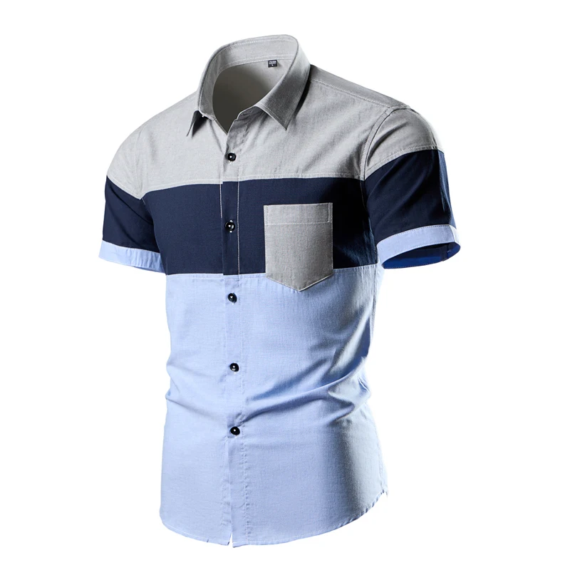 2024 New Fashion Short Sleeve Shirt Tops Mens Striped Casual Business Patchwork Dress Shirts for Men