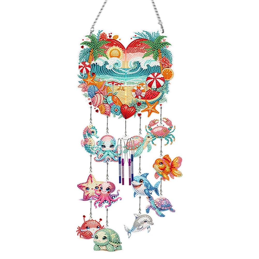 Acrylic Double Sided Small Fish Diamond Painting Wind Chimes Heart Sea Creatures DIY Rhinestones Wind Chime Kit for Window Decor