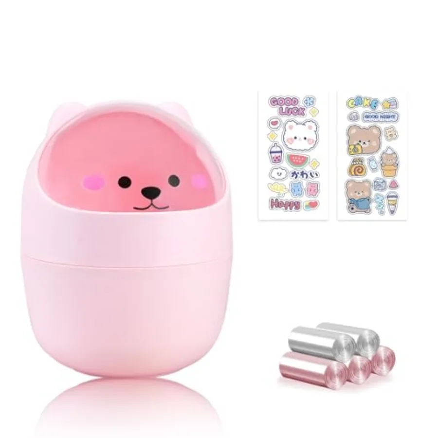 

Cute Desktop Tiny Trash Can with Flip Lid Creative Kawaii Bear Mini Wastebasket Portable Countertop Dustbin for Office Kitchen