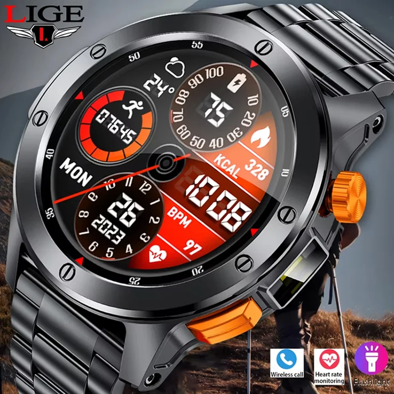 LIGE Men SmartWatch With LED Flashlight 100+ Sports Mode Voice Assistant Waterproof Watches Bluetooth calling Smart Watches 2025
