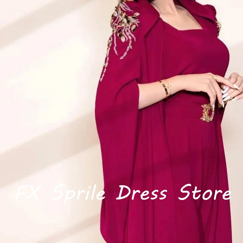 CustomizedA-Line Square Neck Long Sleeves Chiffon Appliques Ankle Length Crystal Solid Color Evening Dress For Formal Occasions