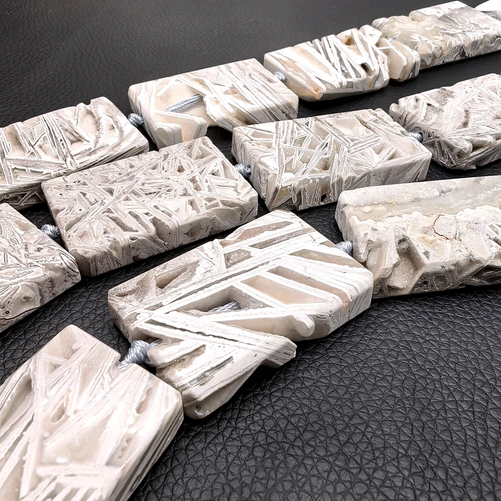One Strand Unique 27x45mm White Stick Agate Slice Beads Natural Web Pattern Rectangle Gemstone Aragonite Jewelry Supply 15.5