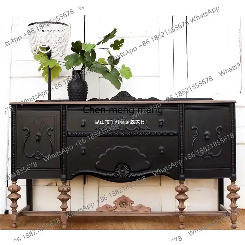 

French Retro Solid Wood Carved Entryway Cabinet European Style Sideboard Living Room Storage Decorative Cabinet