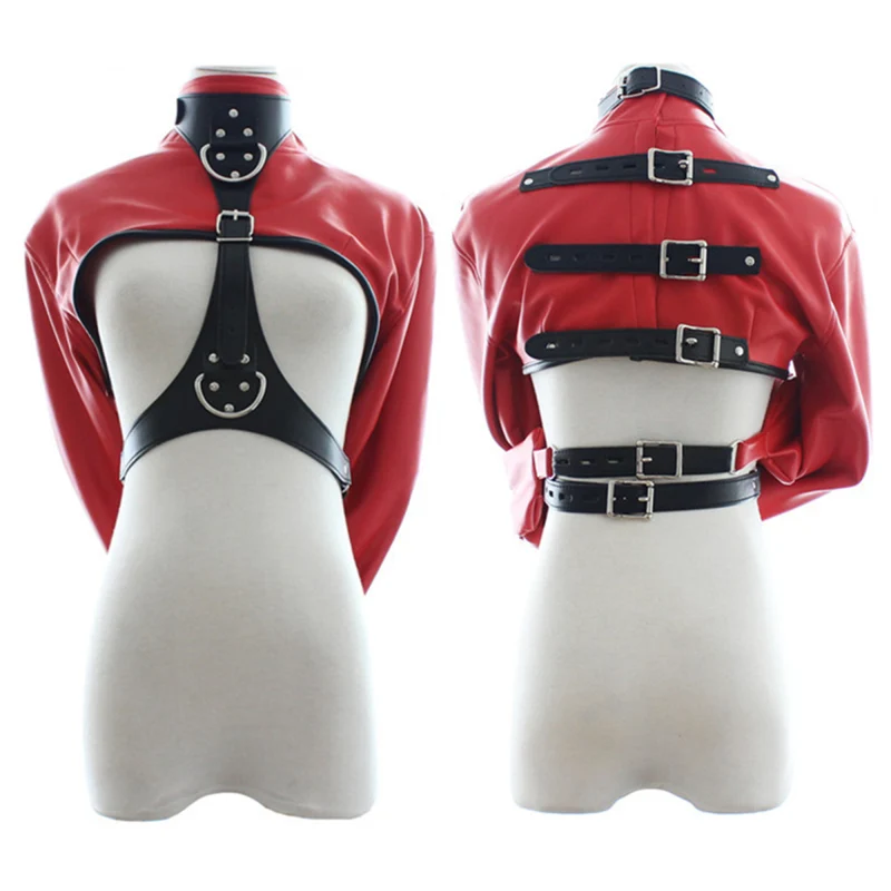 سترة نسائية مستقيمة لضبط النفس ، أزياء جنسية للإناث ، صدر مفتوح ، عبودية جلدية بدون أكمام ، سترة علوية ، صنم #4