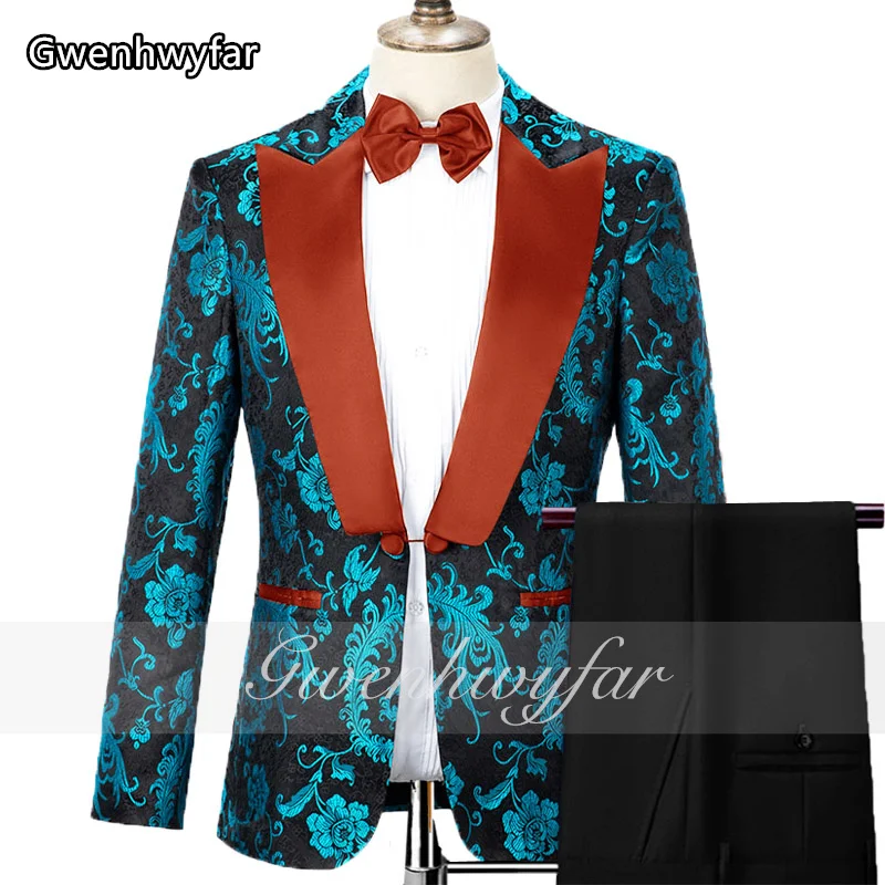 

Gwenhwyfar Men's Suit Floral Print Suit Double Breasted Shiny Satin Notch Lapel Elegant Prom Evening Dress (Jacket + Pants)Homme