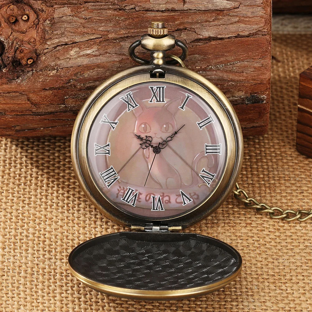 Relojes de bolsillo de cuarzo con tema de cómic Retro, colgante de bronce Vintage, diseño de gato, reloj de Anime para restaurante a otro mundo, Cloc