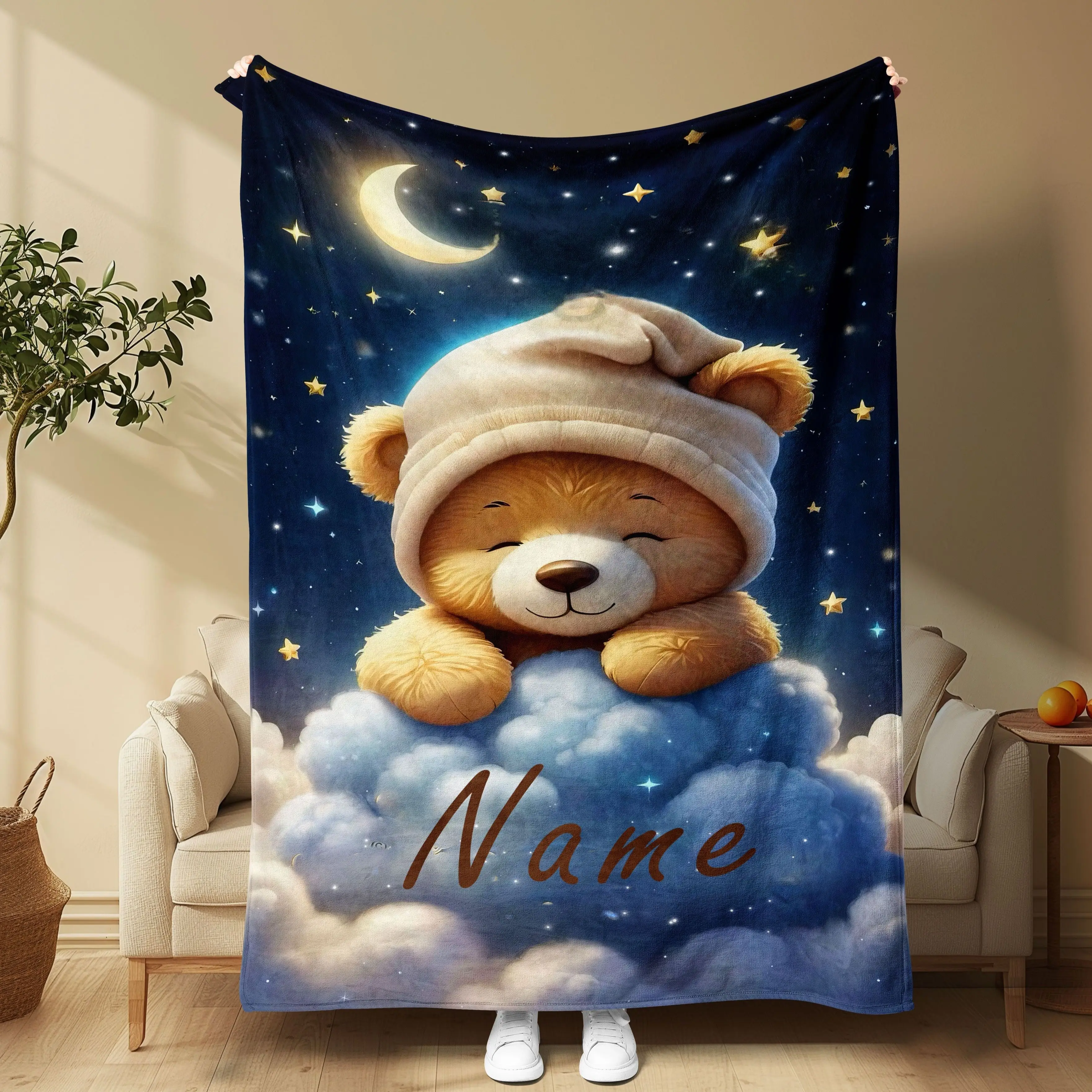 1-Teddybär-Decke mit anpassbarem Namen, modernem Flanell, weich und warm, Digitaldruck, nur chemische Reinigung