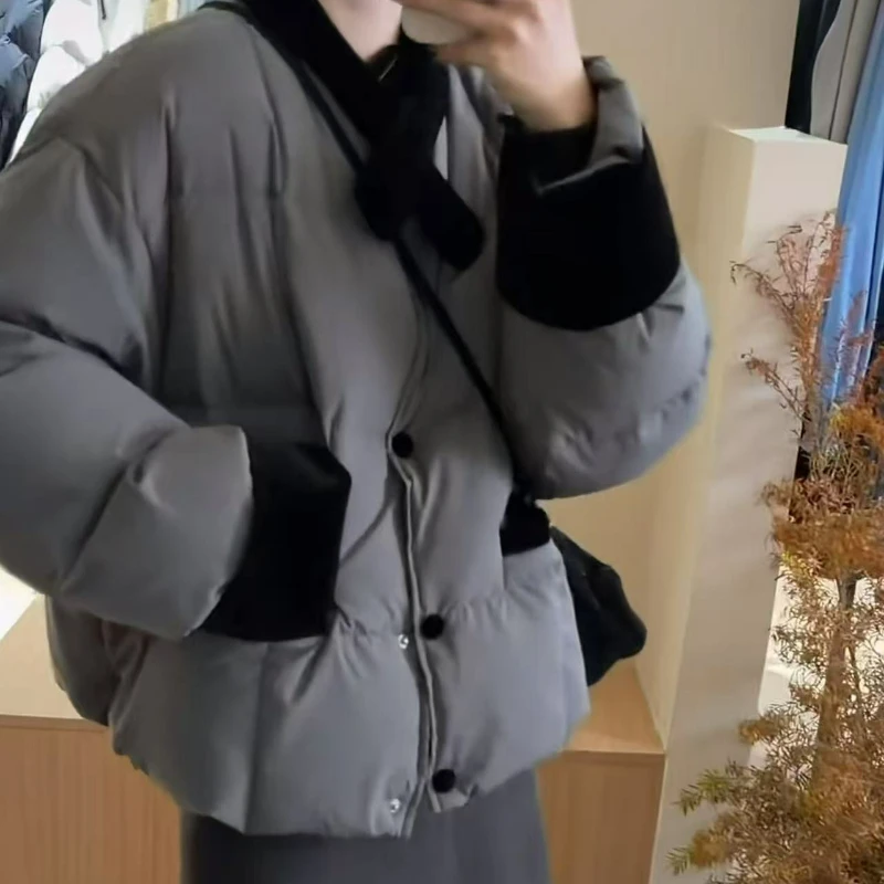 Korean-style Color-blocking Lapel Cotton-padded Coat for Women 2026 Winter New Style Warm Short Cotton-padded Coats for Women