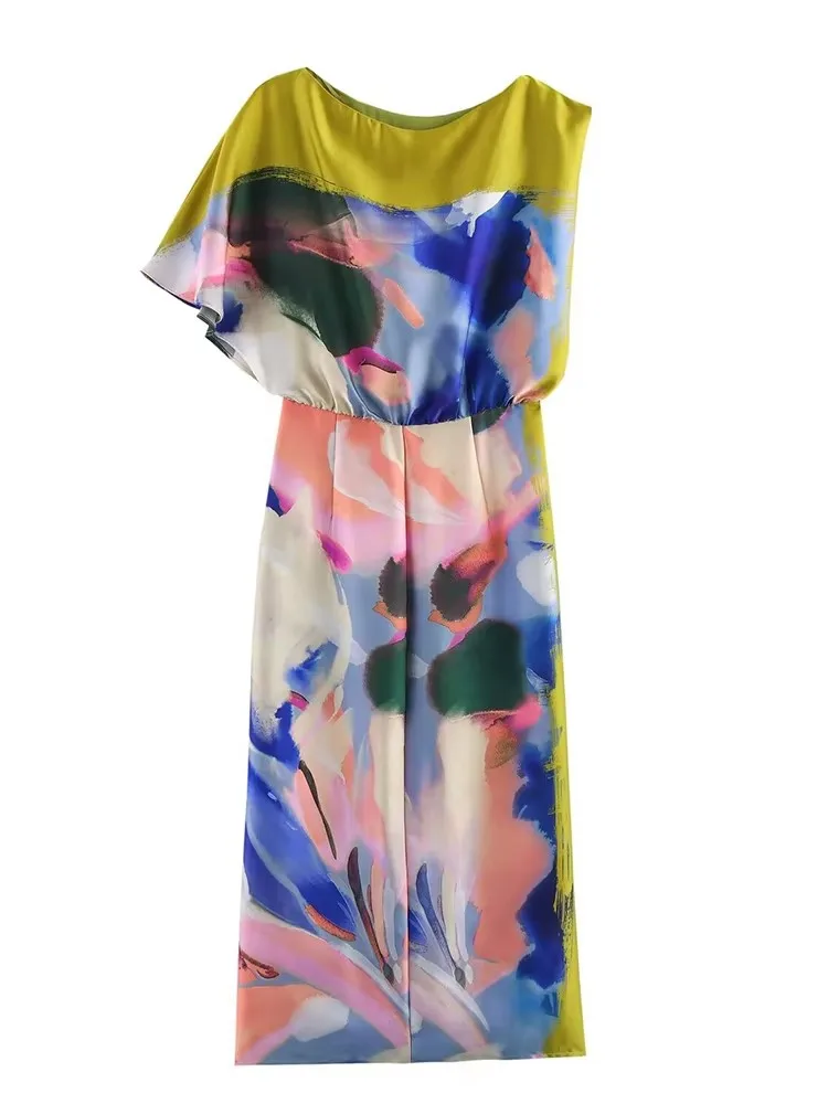 빈티지 플라워 프린트 드레스 여성 2025 뉴 여름 우아한 세련된 비대칭 오-넥 롱 드레스 휴가 보헤미안 Bodycon 미디 드레스