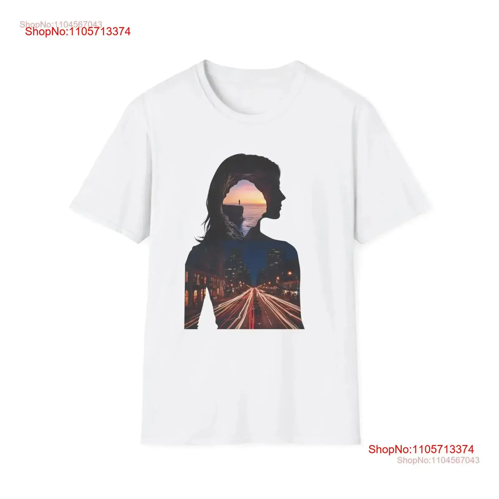 Double Exposure Silhouette Woman T Shirt Sunset Cliff City Street Urban Softstyle Blended Profile Glow Vehicles Lights vintage