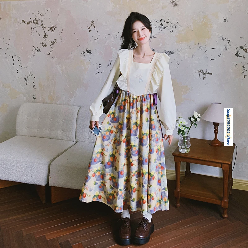 

Oil Painting Flowers Print Long Sleeve Square Collar Ruffles Spliced A-line Maxi Dress for Women Elegant Sweet Japan Style 9607