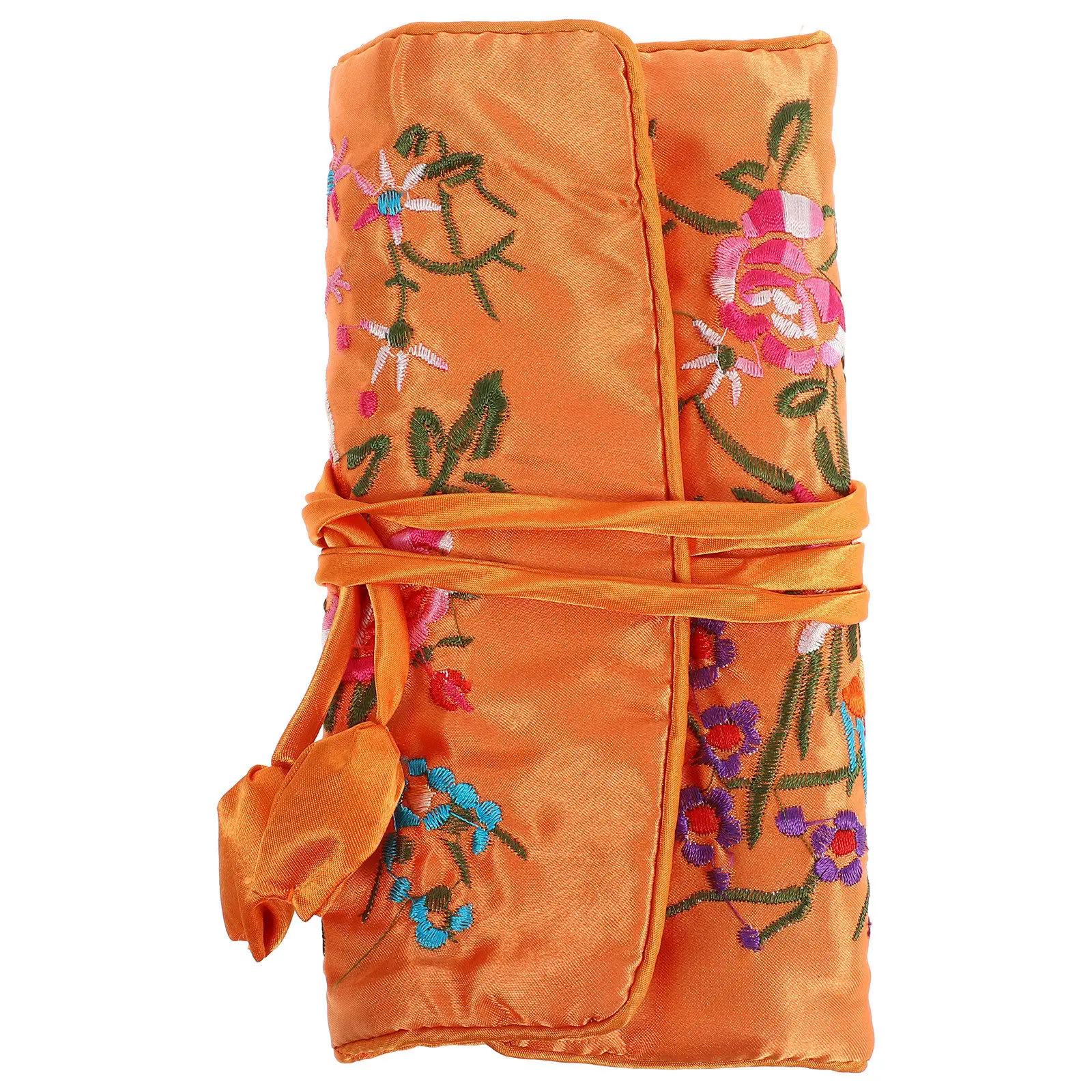 

Вышитая сумка-органайзер для украшений оранжевого цвета, ручной работы, из парчи, с большими и 3 отделениями на молнии для серег