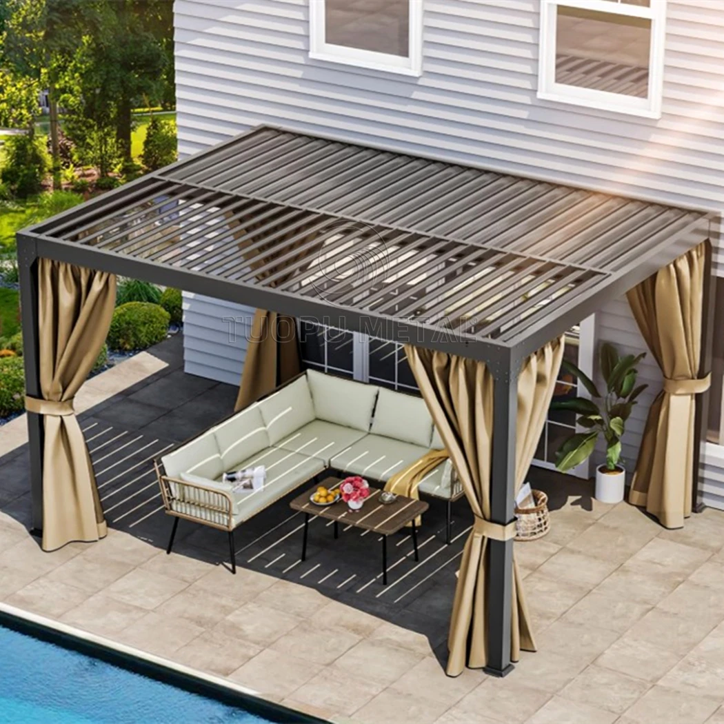 Luxury Pergola Aluminum 4x4m Motorized Louvered Roof With Glass Side Panel Customized Premium Finish For Villa Resort Hotel