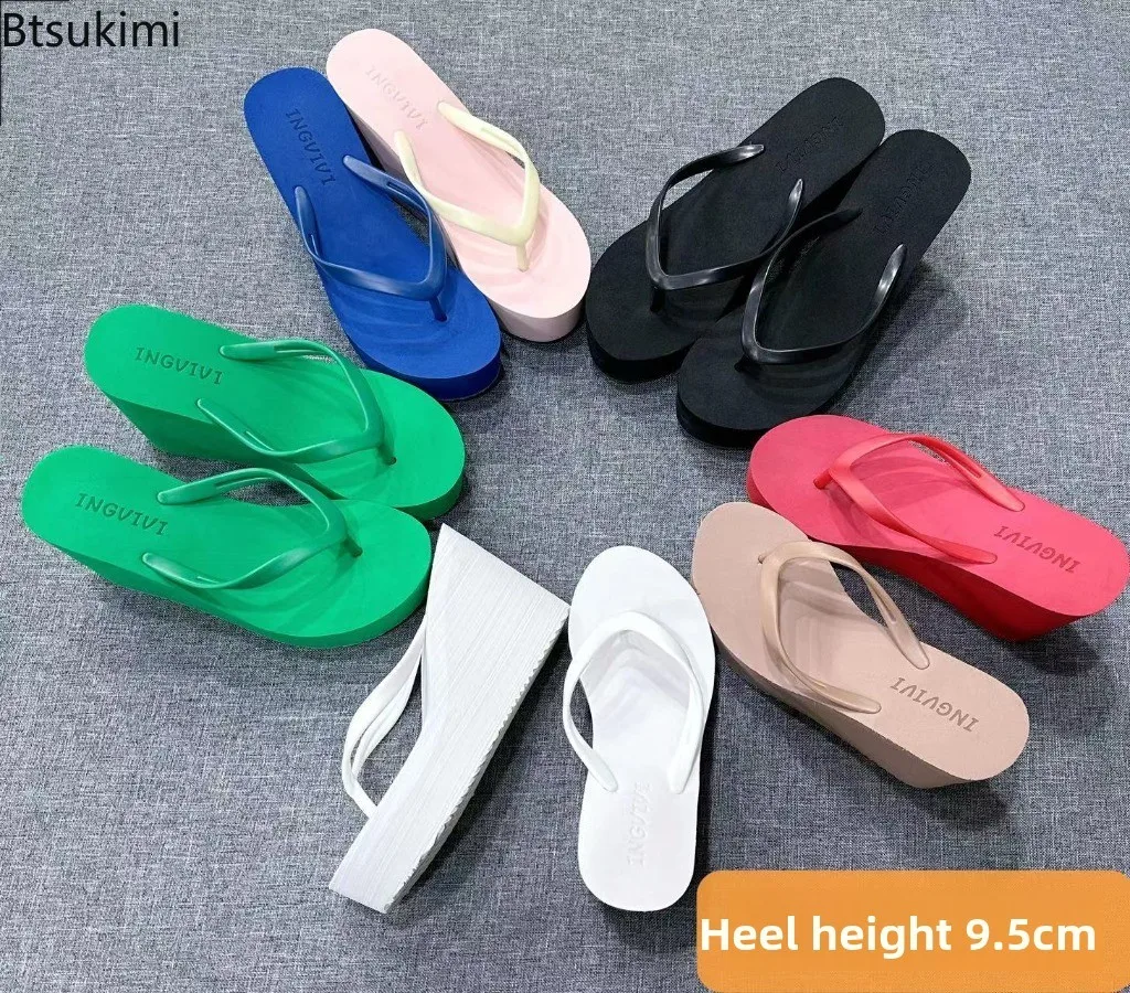2026 Women Shoes Comfort Summer Women Wedge Platform Slippers Outdoor Sports Beach Flip Flops Opened Toe Square Toe 9.5cm Heels