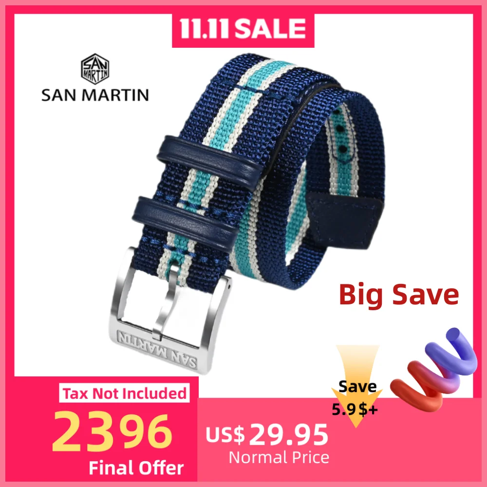 

San Martin 20mm Watch Band Nylon Strap Premium Leather Decorated Color 316L Stainless Steel Pin Buckle Sport Correa Reloj SN0116