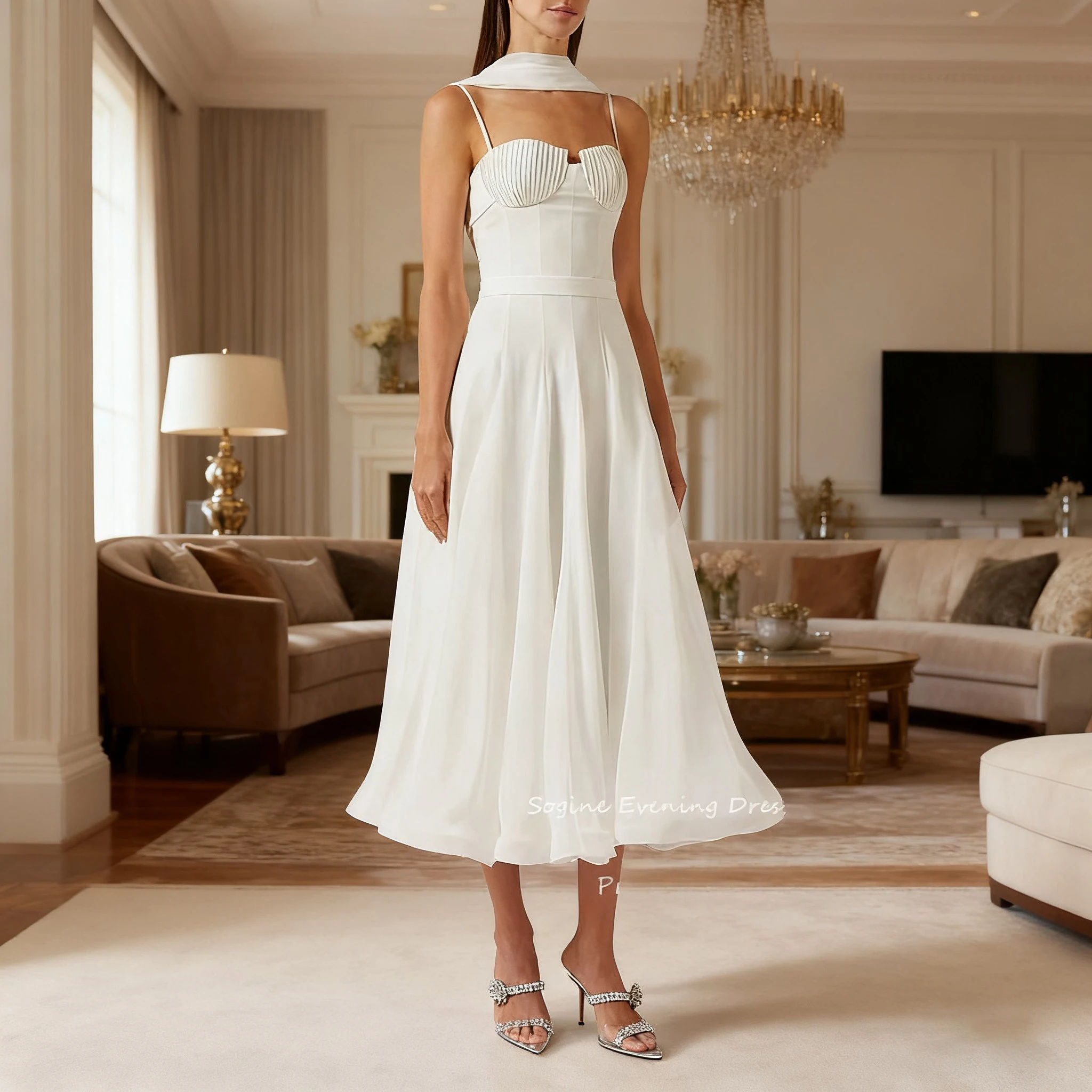 

Chiffon Customized White Cocktail Party Dresses For Women Spaghetti Strap A-Line Evening Dress With Shawl Formal فساتين س