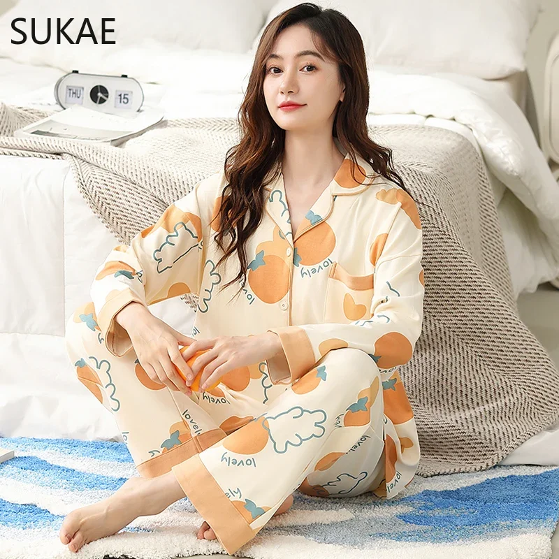 SUKAE Spring New M-3XL Fashion Womans Pajamas Set Long Sleeves Turn-down Collar Pijama Cardigan Nightwear Leisure Girl Sleepwear