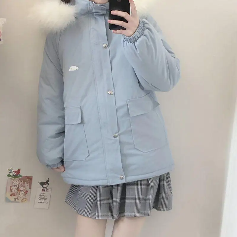 Jaket empuk katun Cinnamoroll lucu pakaian katun tebal musim dingin wanita jaket bantalan roti siswa perempuan gaya Korea hangat