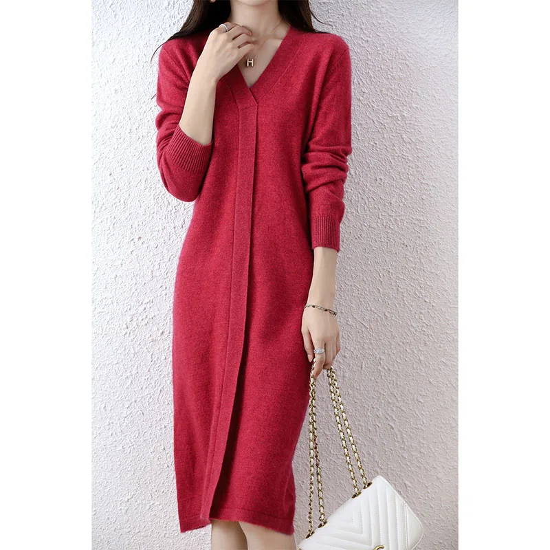 New Ladies Cashmere Dress V Neck Long Sleeve Knit Fashion Elegant Long Sweater Solid Color Pullover Women 100% Wool Dress