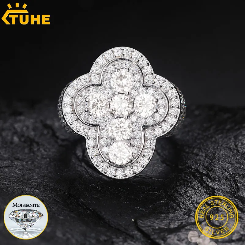 

TUHE Unisex 925 Silver Cross Ring Moissanite Stone Iced Out Couple Rings for Women Men Hip Hop Gifts