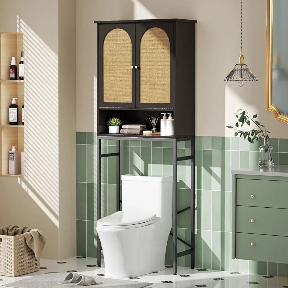 

Rattan Toilet Storage Cabinet, Over The Ra Wood Cabinet With Metal Stand, Bathroom Organizer With Adjustable Shelf, Tall