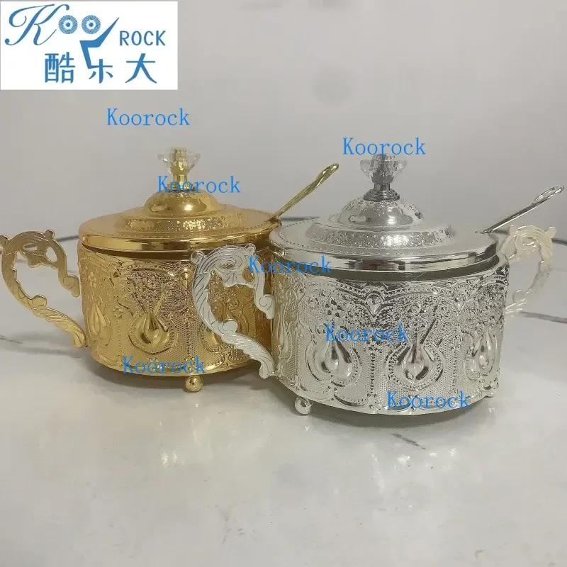 Rosh Hashanah Honey Set:Glass Dipping Jar & Ornate Metal Holder - Symbolic Tableware for Jewish New Year Sugar Pot