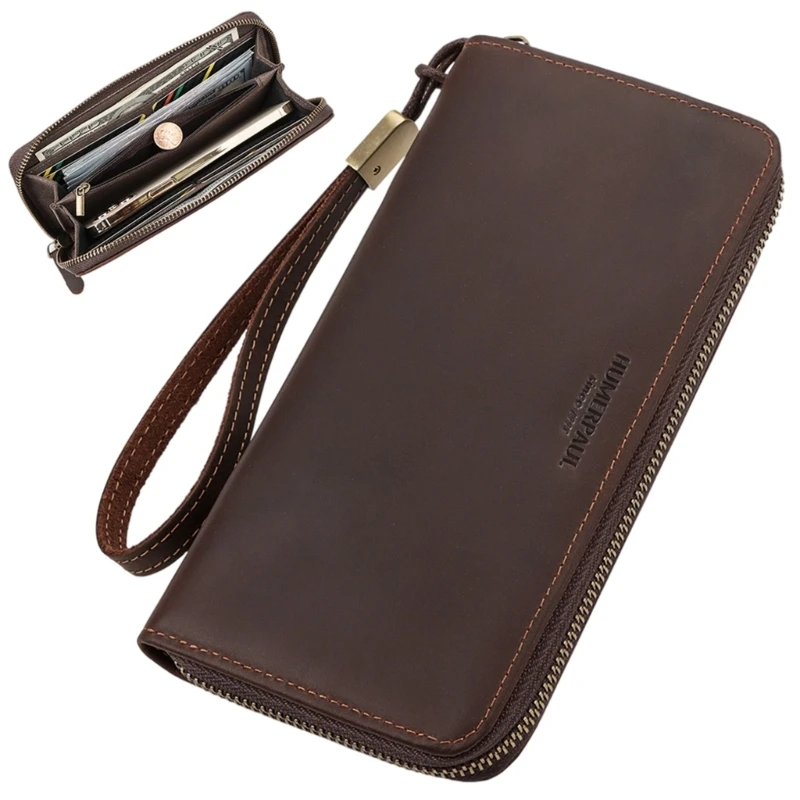 Men Leather Long Wallet Credit Card Holder Phone Pocket Large Capacity Zippered Wallet with Wrist Strap Handbag for Father