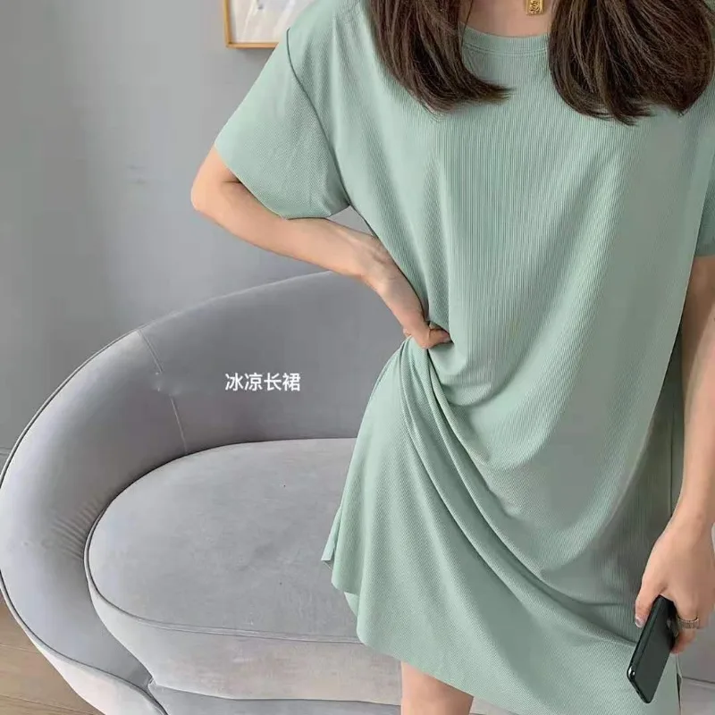 New Women Summer Ice Silk Nightdress Girls Student Loose Dress Woman Casual Homewear Ladies Short-sleeve Nightdress Worn Outside