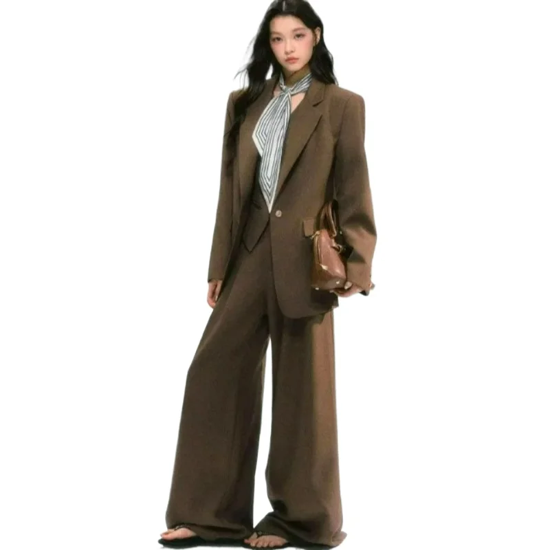 Spring and  Autumn New Fashionable Elegant Jacket Three-piece Set American Retro Coats V-neck Vest Wide-leg Pants Set for Women