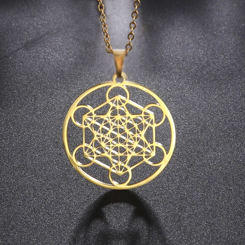 Stainless Steel Angel Seal Archangel Metatron Cube Necklace Geometry Chakras Meditation Flower of Life Amulet Spiritual Jewelry