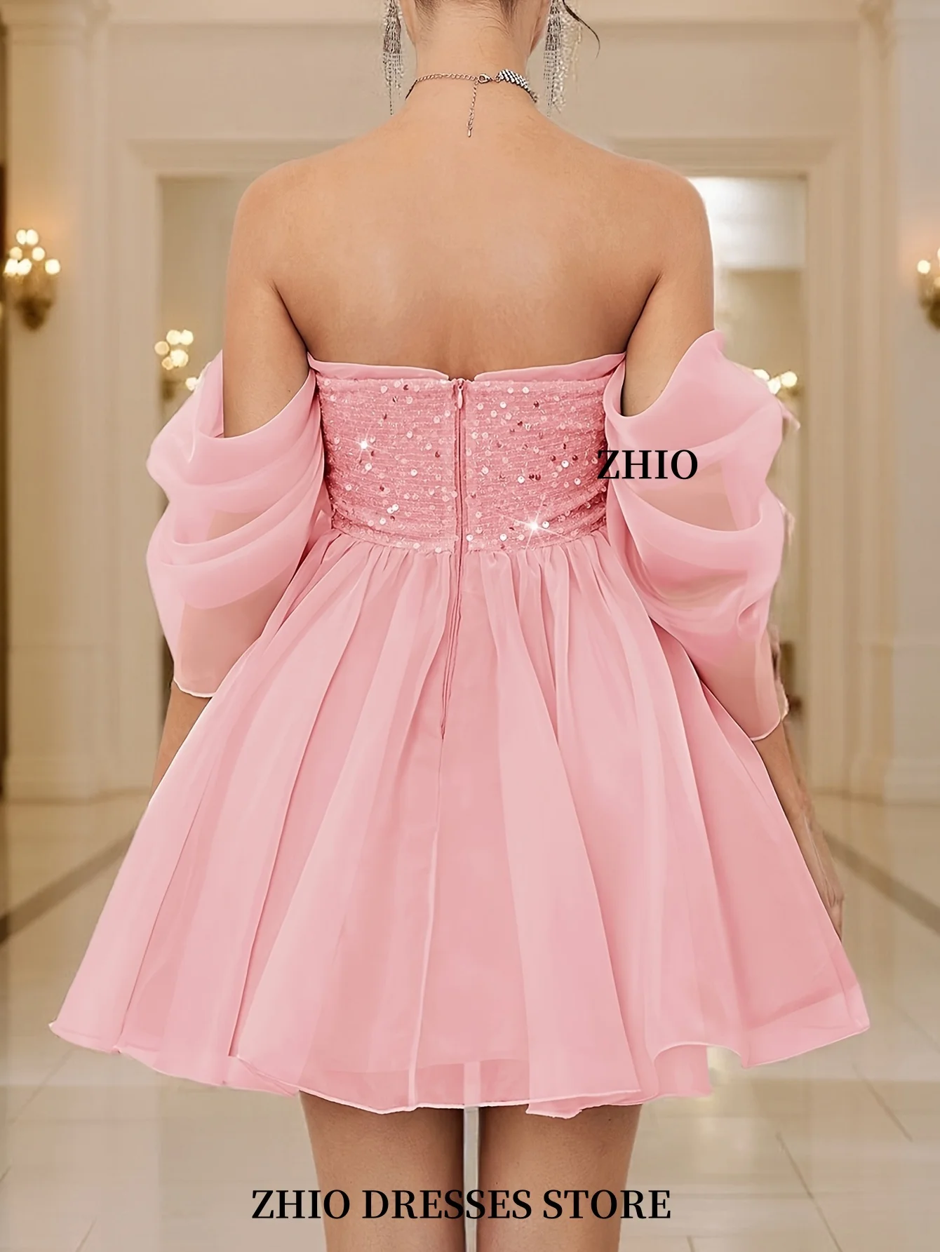 ZHIO Elegant Pink Sequin Strapless A-Line Mini Dress Candle Lace Skirt Suitable For Party Formal Events Customized