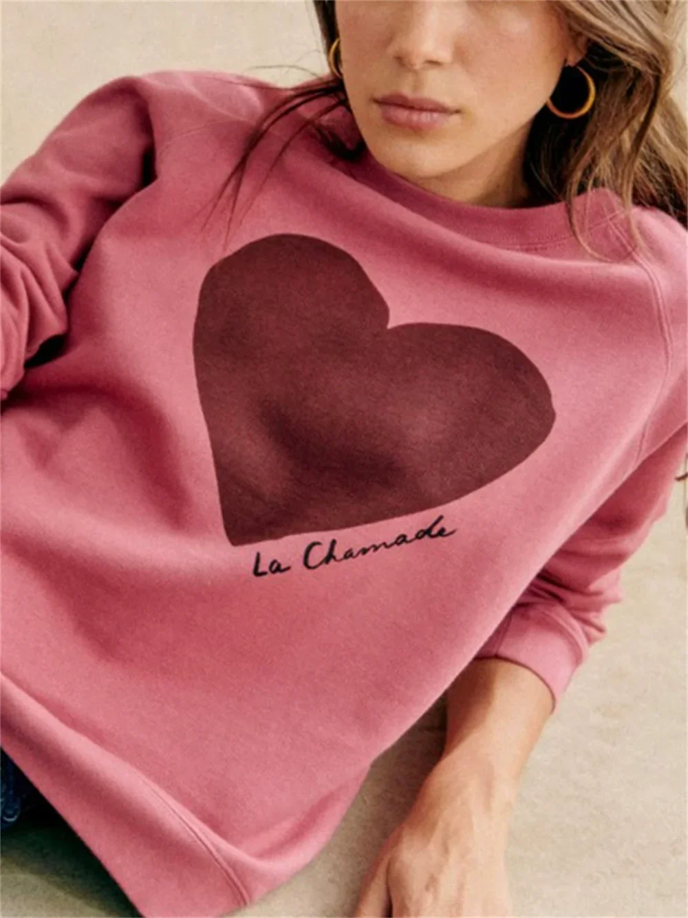 Sweatshirt for Women 2023 New 100% Cotton Heart-Shaped Print Round-Neck Loose Casual Long Sleeve Pullover