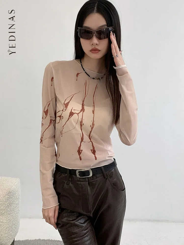 Yedinas Reversible T Shirt Women Clothes Long Sleeve Hole Mesh Tops See Through Tee Shirt Femme 2023 Summer Spring Y2k Tshirt