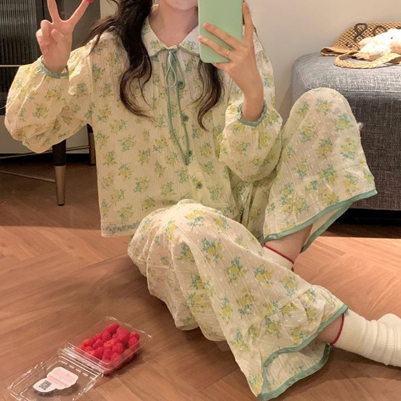 Flroal Sleepwear Women Pajama Sets Aututmn Piiama Ruffles Pants Sets 2 Pieces Korean Cute Night Wears Pocket Sleeping Home Suit