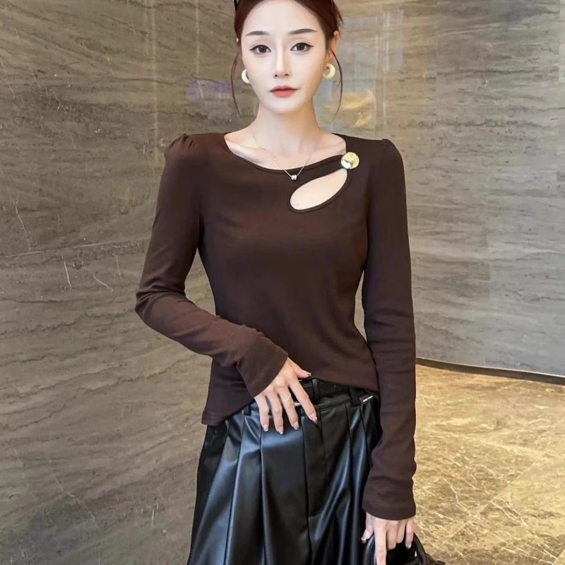 

Sexy Hollow Out Simplicity Slim Bottoming Shirt Spring Autumn Long Sleeve Solid Elegant T Shirt Fashion Vintage Women Clothing