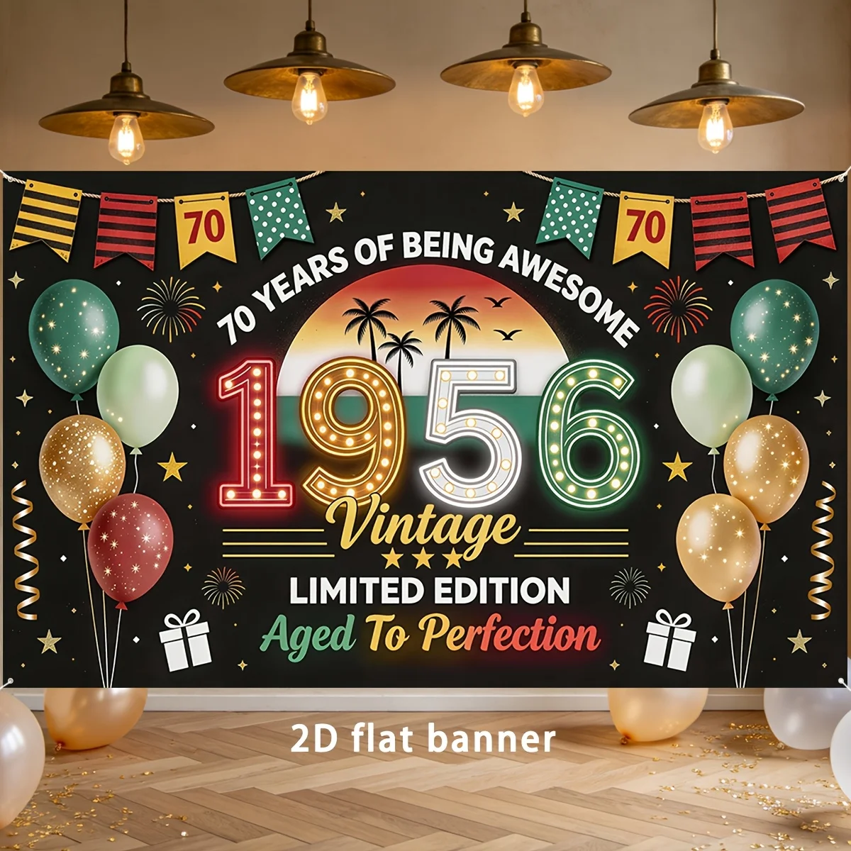Bannière de fête 2D - 1 pièce, bannière de fond pour fête du 70e anniversaire, design rétro 1956 avec néons nostalgiques