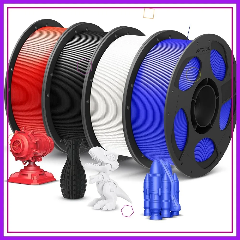 

PLA Plus 3D Printer Filament 1.75mm Bundle, High Toughness, ±0.02mm Accuracy, 4 Pack 1KG Spools in Black White Blue Red