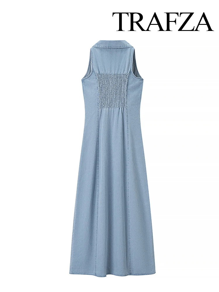 

TRAFZA Women's Summer Fashion Vintage Sexy Denim Midi Long Dress Female Casual Single-breasted Party Style Slim Sleeveless Dress