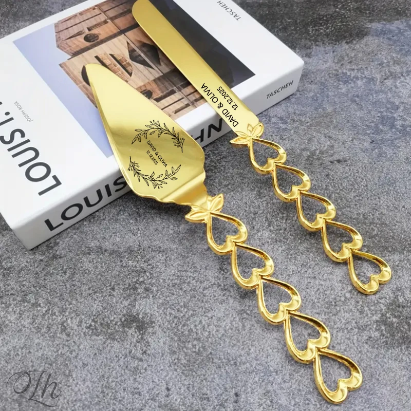 

Gold Cake Knife Set Wedding Personalized Cake Knife Heart-Shaped Handle for Wedding Anniversary Gift, Bridal Shower Gifts